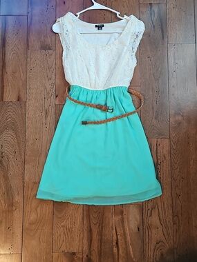 Pink Rose Cream Lace & Aqua Chiffon Midi Dress with Braided Belt